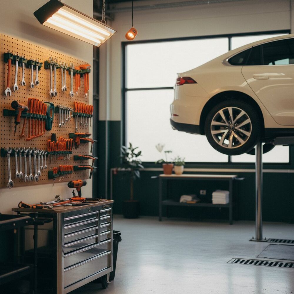 Atelierul Garage Motorsport — elevator auto și scule ordonate pe panou, fotografie generată de AI