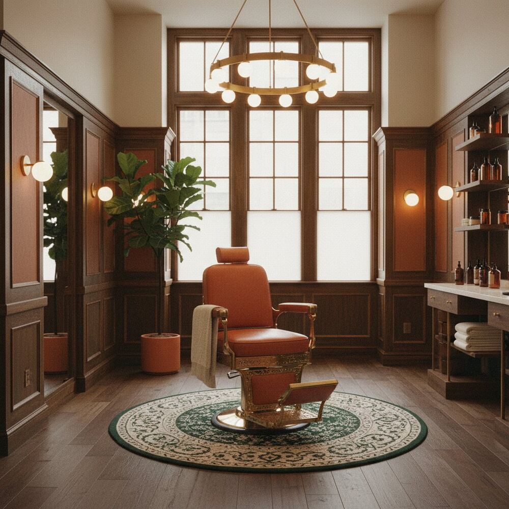 Salonul Barber Club — scaune de frizerie clasice și oglinzi cu rame negre, fotografie generată de AI