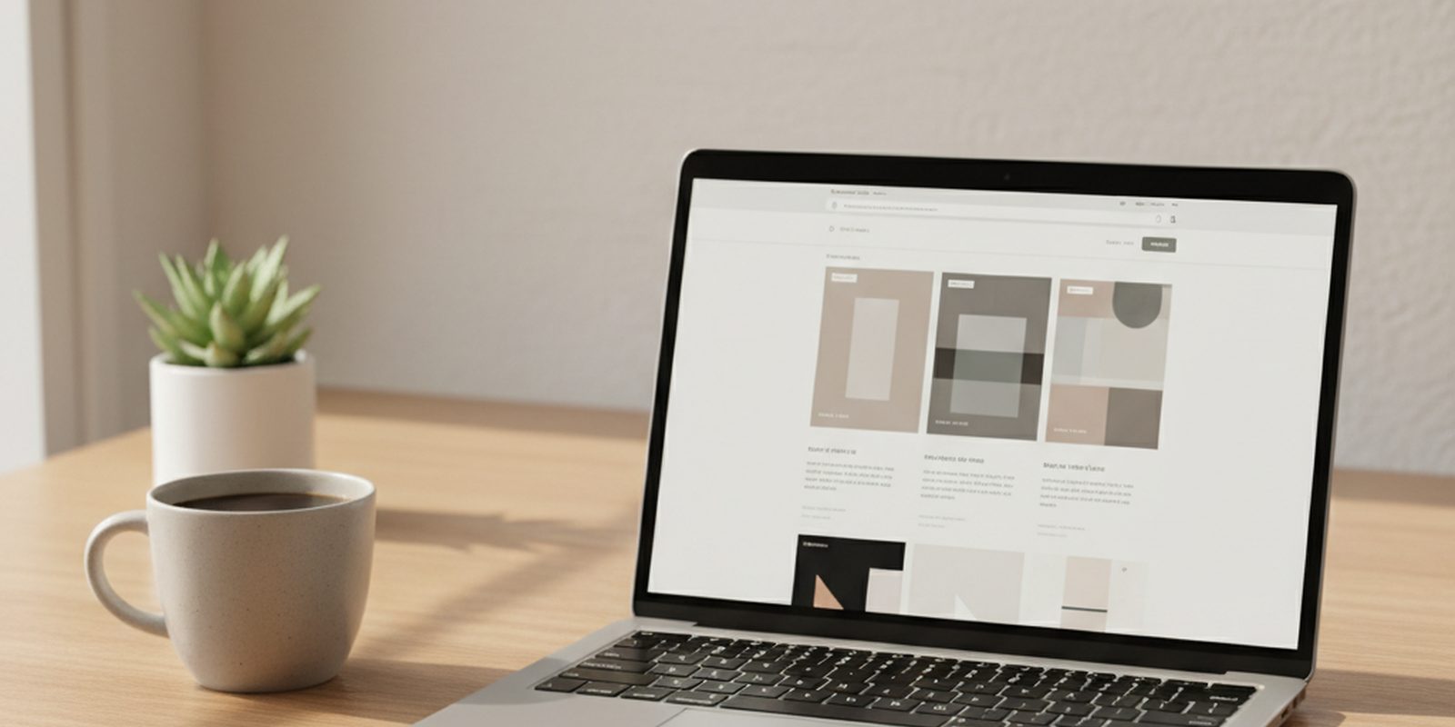 Laptop pe un birou de lemn afișând un site curat, lângă o cană de cafea, în lumină caldă de dimineață