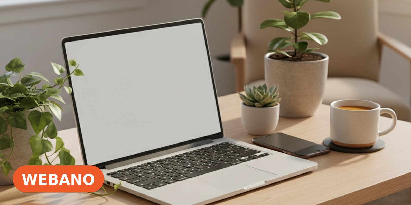 Laptop și telefon pe un birou de lemn — un site alături de rețelele sociale, lumină caldă