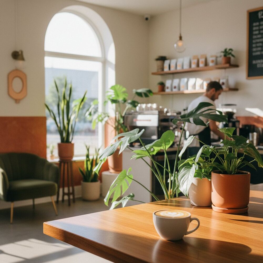 Proprietar cafenea zambind la laptop gestionandu-si prezenta online