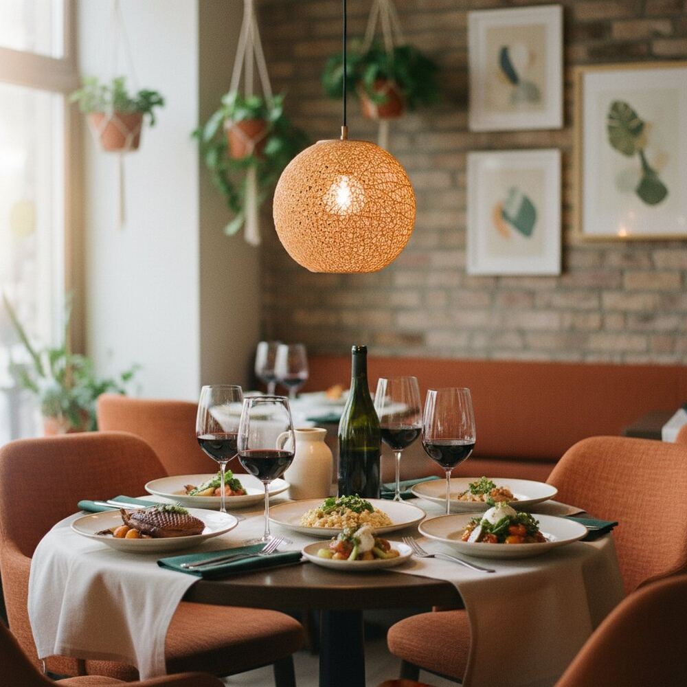 Sala restaurantului Bistro Acasă — mese aranjate și lumină caldă de seară, fotografie generată de AI